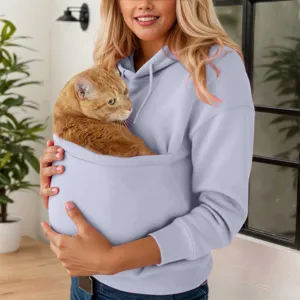 Comfortable solid color hooded sweatshirt with front cat pouch for pet lovers stylish cozy top