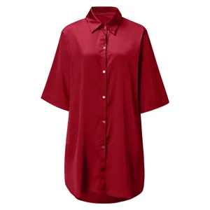 Detailed view of the smooth satin long sleeve shirt, elegant red solid color sleepwear.