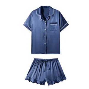Ensemble pyjama court en satin pour femme chemise boutonnée et short à volant nuit