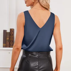 Back view detail of women solid color v-neck sleeveless satin tank top, smooth fabric.