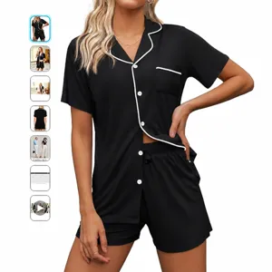 Ensemble Pyjama en Soie Satin pour Femmes Col V Manches Courtes Boutonné Vêtements de Nuit Loungewear Haut et Short