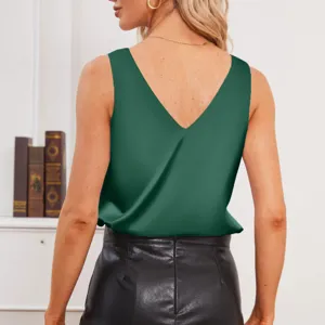 Elegant dark green satin v-neck sleeveless tank top for women, perfect for stylish summer wear.