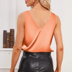 Back detail view of a solid color satin V-neck sleeveless tank top with loose comfortable fit.