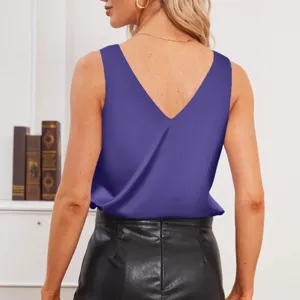 Women's elegant V-neck sleeveless satin tank top, silky plain casual solid color blouse.
