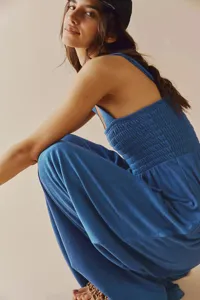 Μπλε αμάνικη strapless ολόσωμη φόρμα γυναικεία, casual φαρδύ παντελόνι, στυλ chic.