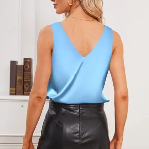 Satin V-neck sleeveless tank top detail view, elegant silk-like fabric summer chic apparel.