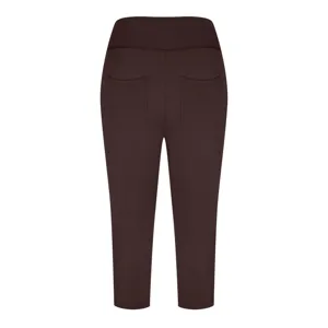 Back detail of dark brown high waist yoga leggings featuring dual rear patch pockets.