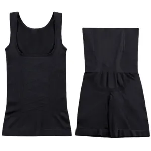 Schwarzes nahtloses Postpartum-Shaper-Set mit Kompressions-Unterhemd und hoher Taillen-Formhose.