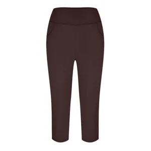 Detail view of women high waist yoga pants in dark brown featuring front pockets design.