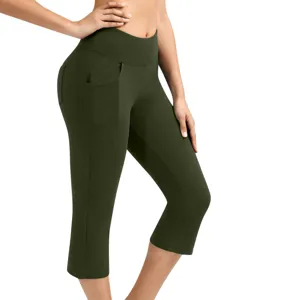 Women high waist yoga capris dark green side pockets athletic leggings fitness pants