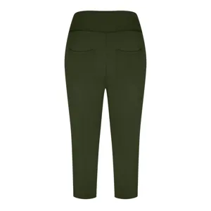 Detailed view of women's dark green high waist yoga pants, highlighting back pockets.