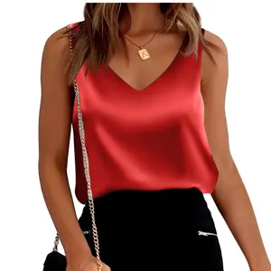 Women Silk Satin V-Neck Tank Top Sleeveless Solid Color Casual Summer Basic Camisole Blouse