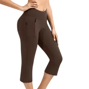 High waist solid color yoga pants for women with side pockets and butt lifting design details.