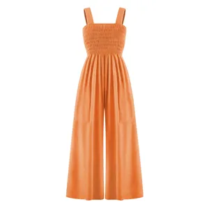 Πορτοκαλί αμάνικη strapless ολόσωμη φόρμα γυναικεία, χαλαρό σχέδιο με φαρδιά πόδια.