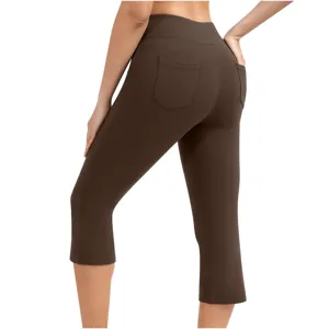 Detailed view of women high waist brown capri yoga leggings with back pockets for fitness workout