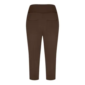 Detailed close-up view of high waist solid brown yoga leggings with back pockets