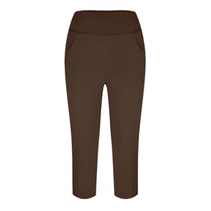 Detail view of women's brown high-waisted yoga pants featuring convenient front pockets.