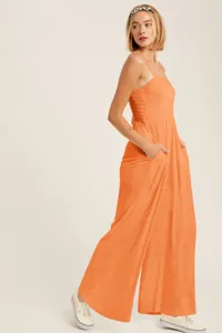 Πορτοκαλί αμάνικη strapless ολόσωμη φόρμα για γυναίκες, άνετο και φαρδύ παντελόνι.