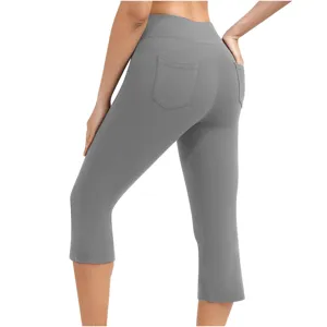 Women's high waist yoga capri pants with back patch pockets, stretchy athletic workout leggings.