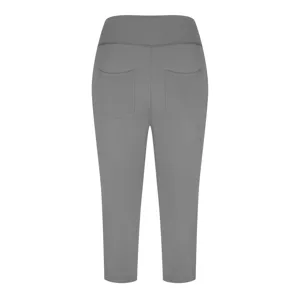 Detailed view of the back of grey women's high-waisted yoga pants with back pockets.