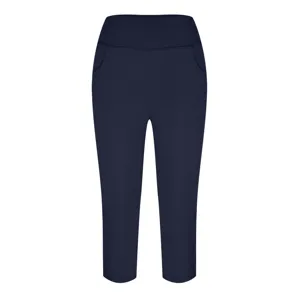 Closeup of high-waisted navy blue yoga pants featuring convenient front pockets and cropped.
