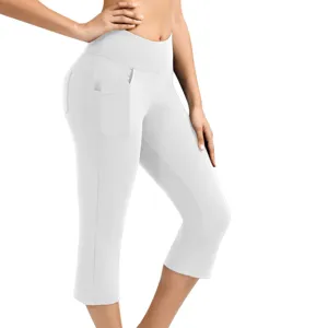 Women high waist yoga pants solid white cropped leggings with side pockets activewear