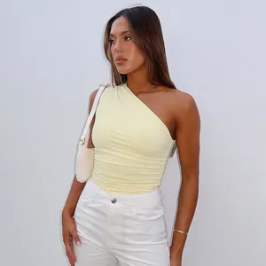 Donna canotta monospalla arricciata tinta unita casual senza maniche estate elegante