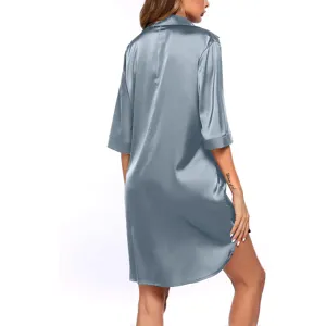Solid color silky sexy sleep shirt for women, comfortable long nightgown for home wear.