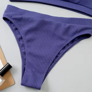 Bas de maillot de bain taille haute côtelé pour femme, joli bikini sexy violet chic.