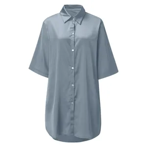 Women silk satin short sleeve button down sleep shirt solid color casual lounge nightwear