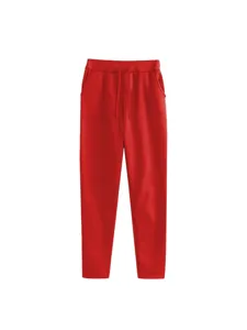 Solid color red fleece lined casual sweatpants drawstring waist front view full length