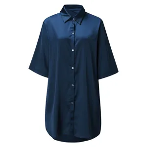 Dark blue silk satin short sleeve shirt dress, smooth fabric, classic lapel and button down front details.