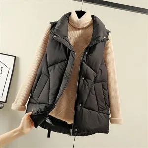 Women black padded vest chic stylish winter warm outerwear matching beige turtleneck sweater
