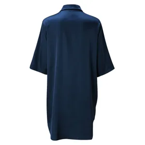 Back detail of dark blue smooth satin nightshirt, soft fabric texture and simple design.