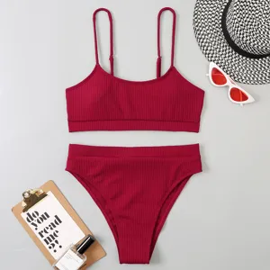 Bikini taille haute col U côtelé, maillot de bain deux pièces sexy rouge foncé pour femme