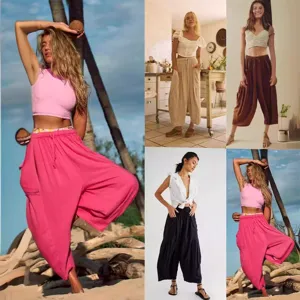 Pantalon harem en lin pour femme style bohème taille moyenne ample décontracté avec poches