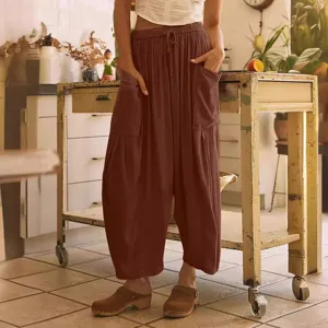 Pantalon harem décontracté coton lin femme taille mi-haute ample avec poches marron