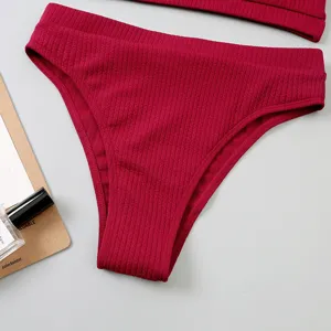 Femme culotte de bikini taille haute côtelée uni maillot de bain plage sexy