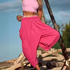 Femme boheme rose coton lin pantalon harem decontractue taille mi haute plage ete chic