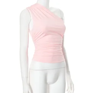 Top rosa monospalla arricciato da donna, elegante maglietta smanicata estiva aderente.