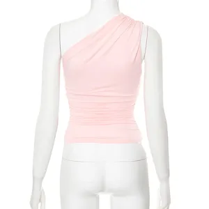 Top corto rosa monospalla arricciato da donna elegante senza maniche estivo casual abbigliamento
