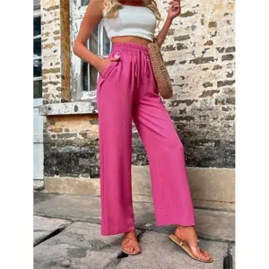 Women's high waist casual loose wide leg trousers with elastic drawstrings and pockets.