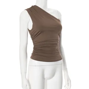 Top corto increspato monospalla da donna, monocolore smanicato slim fit elegante maglia estiva.