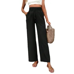 Women's high waist wide leg casual pants solid black loose fit trousers with drawstring pockets