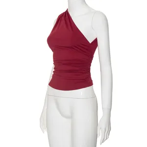 Top corto monospalla arricciato in tinta unita da donna, elegante e comodo gilet senza maniche.