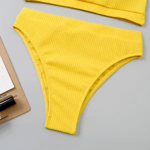 Bas de bikini côtelé taille haute jaune pour femmes maillot de bain plage été.