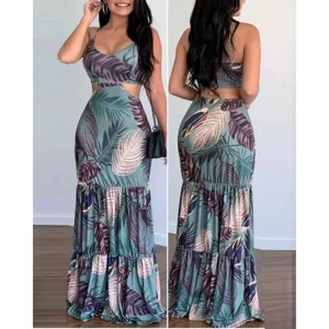 Tropical leaf print cutout two-piece maxi dress for women, stylish V-neck summer wear.
