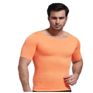 Men orange compression short sleeve shapewear detail with body shaping and tummy control fabric.