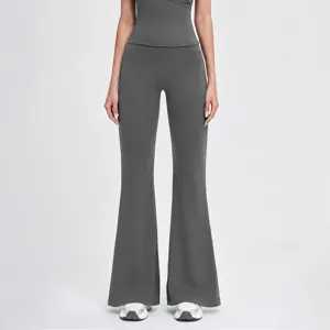 High waist flare yoga pants for women, dark grey slim fit stretch workout trousers.