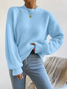 Effen gebreide trui met opstaande kraag en lange mouwen, casual stijl detail voor dames.
